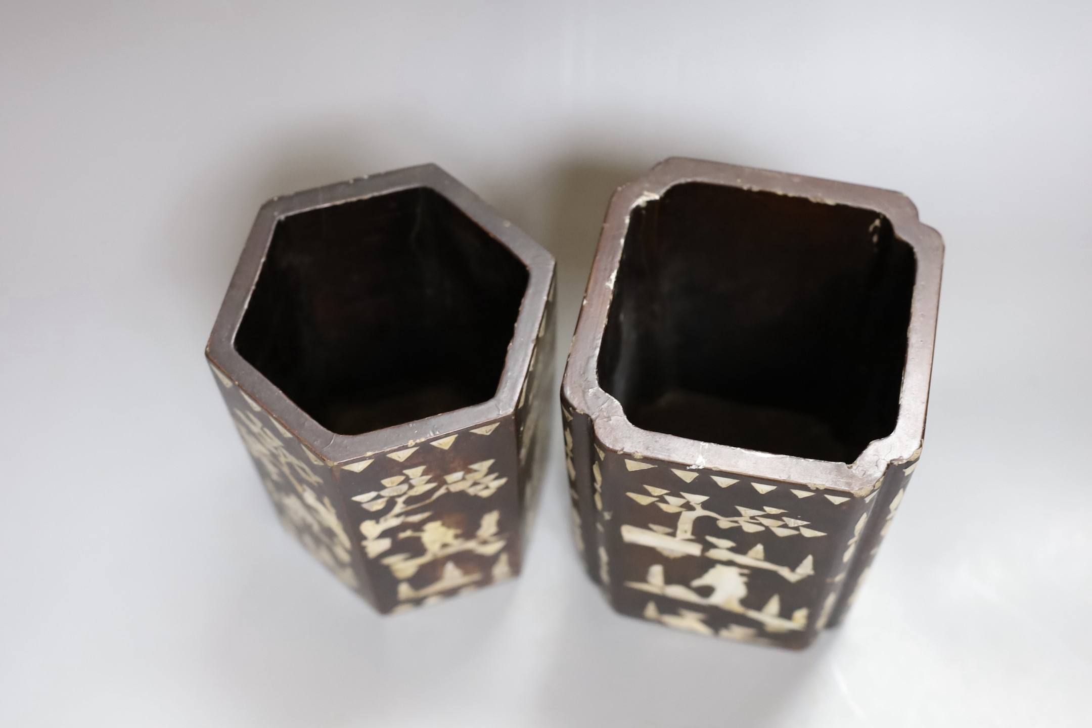 Two Chinese lacquer and mother-of-pearl brush pots, 14cm